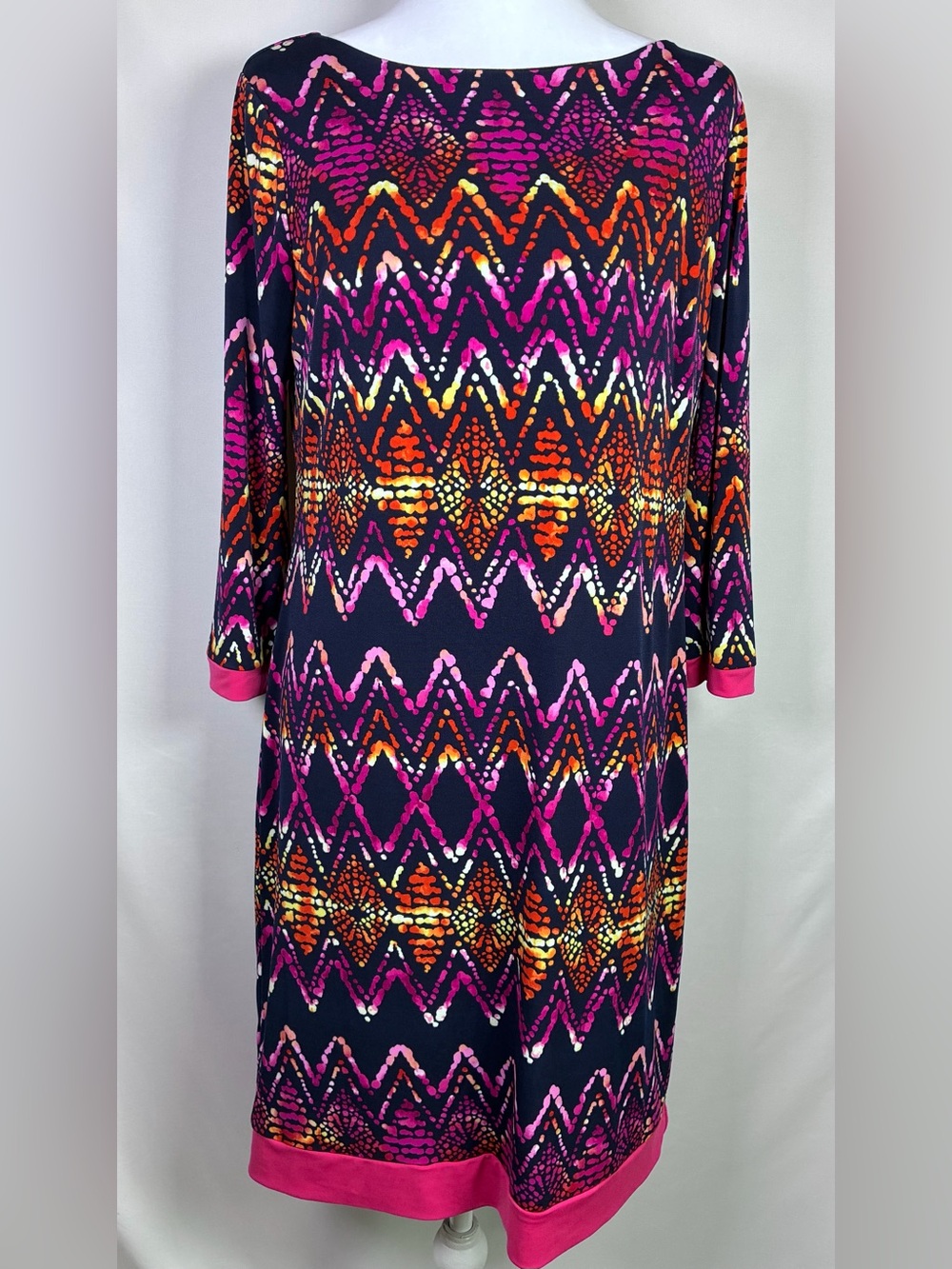 Donna Ricco Navy Chevron Print Colorful  Long Sleeve Dress - Size 6